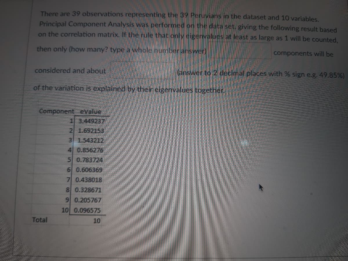 There are 39 observations representing the 39 Peruvians in the dataset and 10 variables.
Principal Component Analysis was performed on the data set, giving the following result based
on the correlation matrix. If the rule that only eigenvalues at least as large as 1 will be counted,
then only (how many? type a whole number answer)
components will be
considered and about
of the variation is explained by their eigenvalues together.
Component eValue
1 3.449237
2 1.692153
3 1.543212
4 0.856276
5 0.783724
6 0.606369
7 0.438018
8 0.328671
9 0.205767
10 0.096575
Total
(answer to 2 decimal places with % sign e.g. 49.85%)
10