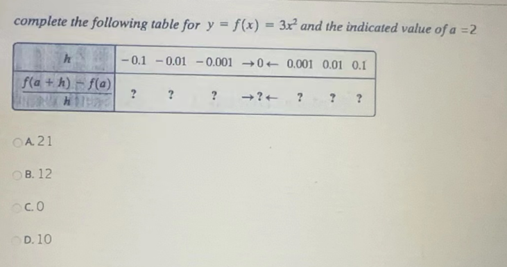 complete the following table for y = f(x) = 3x² and the indicated value of a = 2
h 201
f(a+h)-f(a)
Hilt
OA 21
OB. 12
Oc.o
OD. 10
-0.1 -0.01 -0.0010 0.001 0.01 0.1
?
?
?
→?+ ?
? ?