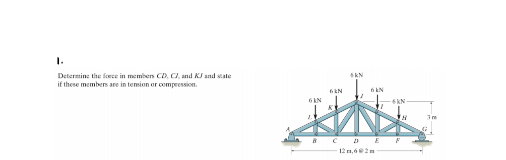 1.
Determine the force in members CD, CJ, and KJ and state
6 kN
if these members are in tension or compression.
6 kN
6 kN
6 kN
6 KN
H.
3 m
B
с D
E
F
12 m, 6 @ 2 m
