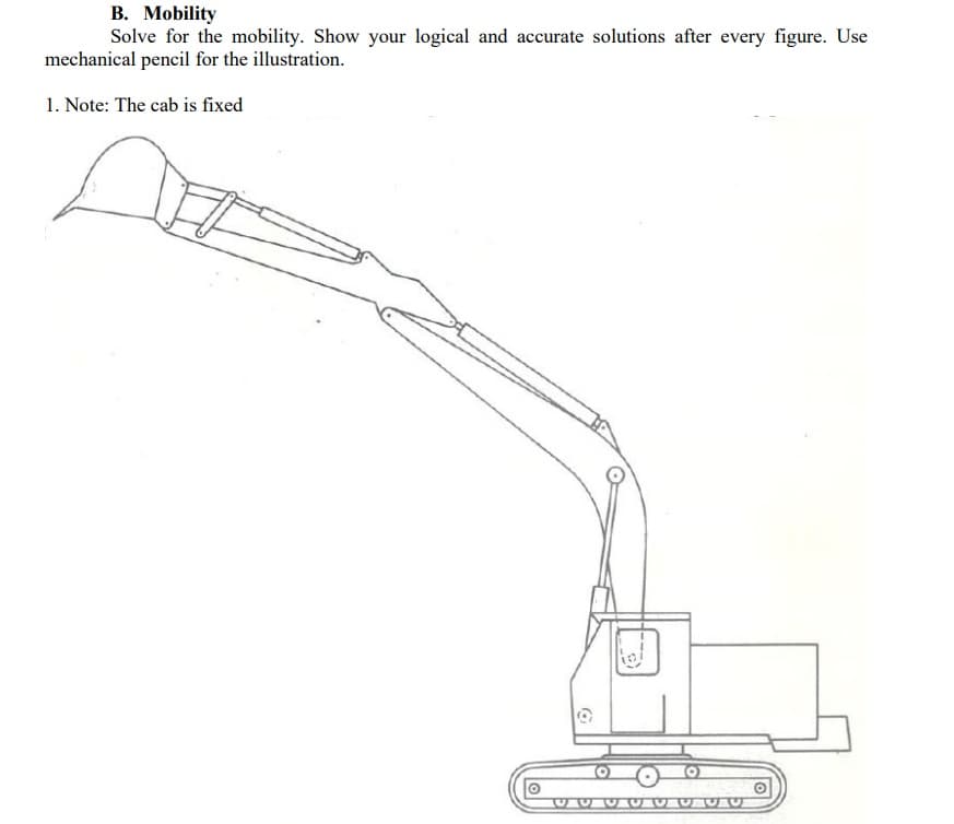 B. Mobility
Solve for the mobility. Show your logical and accurate solutions after every figure. Use
mechanical pencil for the illustration.
1. Note: The cab is fixed
