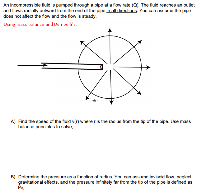 An incompressible fluid is pumped through a pipe at a flow rate (Q). The fluid reaches an outlet
and flows radially outward from the end of the pipe in all directions. You can assume the pipe
does not affect the flow and the flow is steady.
Using mass balance and Bernoulli's.
v(r)
A) Find the speed of the fluid v(r) where r is the radius from the tip of the pipe. Use mass
balance principles to solve.
B) Determine the pressure as a function of radius. You can assume inviscid flow, neglect
gravitational effects, and the pressure infinitely far from the tip of the pipe is defined as
Po,