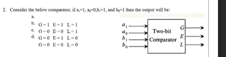 2. Consider the below comparator, if a,=1, a,=0,b,=1, and b,=1 then the output will be:
a.
G=1 E=1 L= 1
c. G=0 E=0 L=1
d. G=0 E=1 L=0
G=0 E=0 L=0
b.
G
Two-bit
E
Comparator
b,
bo
