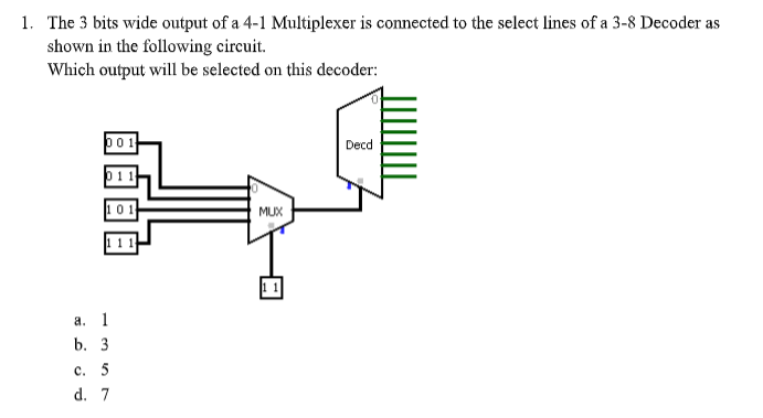 1. The 3 bits wide output of a 4-1 Multiplexer is connected to the select lines of a 3-8 Decoder as
shown in the following circuit.
Which output will be selected on this decoder:
Decd
MUX
а. 1
b. 3
с. 5
d. 7
