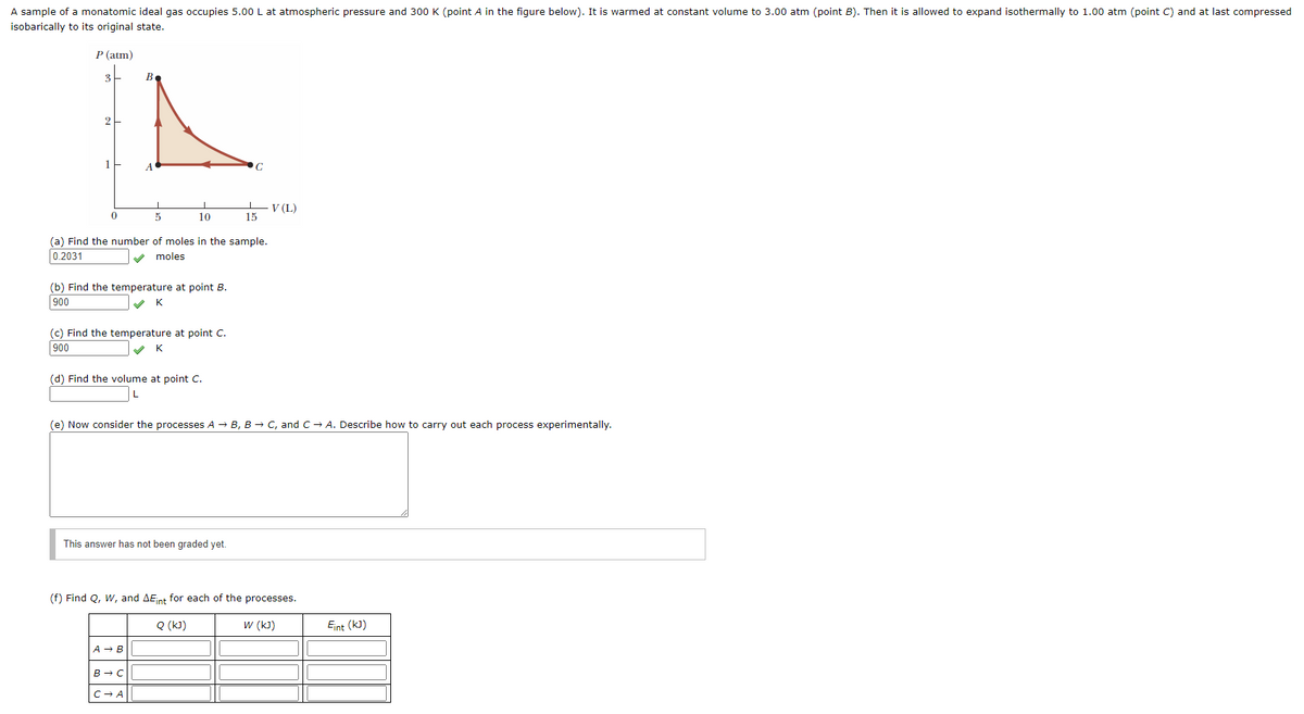 A sample of a monatomic ideal gas occupies 5.00 L at atmospheric pressure and 300 K (point A in the figure below). It is warmed at constant volume to 3.00 atm (point B). Then it is allowed to expand isothermally to 1.00 atm (point C) and at last compressed
isobarically to its original state.
Р (atm)
B
2
- V (L)
15
5
10
(a) Find the number of moles in the sample.
0.2031
moles
(b) Find the temperature at point B.
900
(c) Find the temperature at point C.
900
V K
(d) Find the volume at point C.
(e) Now consider the processes A - B, B → C, and C- A. Describe how to carry out each process experimentally.
This answer has not been graded yet.
(f) Find Q, W, and AEint for each of the processes.
Q (k)
W (k)
Eint (kJ)
A - B
B - C
C- A
