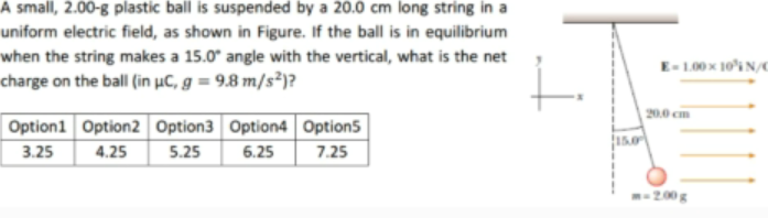 A small, 2.00-g plastic ball is suspended by a 20.0 cm long string in a
uniform electric field, as shown in Figure. If the ball is in equilibrium
when the string makes a 15.0° angle with the vertical, what is the net
E-1.00 x 10iN/
charge on the ball (in µC, g = 9.8 m/s²)?
20.0 cm
Option1 Option2 Option3 Option4 | Option5
3.25
4.25
5.25
6.25
25ר
200g
