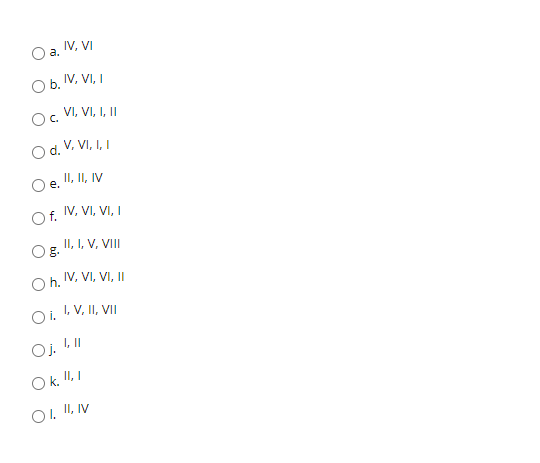 IV, VI
O b. V, VI, I
Oc.
VI, VI, I, II
d.
V. VI, I, I
II, II, IV
е.
Of.
IV, VI, VI, I
Og.
II, I, V, VIII
O h. V, VI, VI, II
Oi. !. V, II, VII
Oj. I.I
Ok. I, I
O. I, IV
