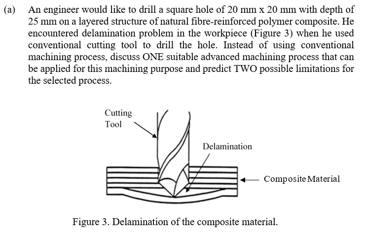 (a)
An engineer would like to drill a square hole of 20 mm x 20 mm with depth of
25 mm on a layered structure of natural fibre-reinforced polymer composite. He
encountered delamination problem in the workpiece (Figure 3) when he used
conventional cutting tool to drill the hole. Instead of using conventional
machining process, discuss ONE suitable advanced machining process that can
be applied for this machining purpose and predict TWO possible limitations for
the selected process.
Cutting
Tool
Delamination
Composite Material
Figure 3. Delamination of the composite material.
