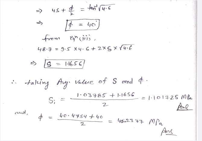 =>
and,
=>
45+
S
÷
from
89 (i
48.7 = 9.5 x 4.6 +2x S x √4.6
= tan √4.6
40]
=
taking Aug. value of S and o.
1.03785 +1.1656
S;
= 1·1656
2
40.4754 + 40
2
= 1.101725 MPa
Ane
46.2377 MPa
Ans