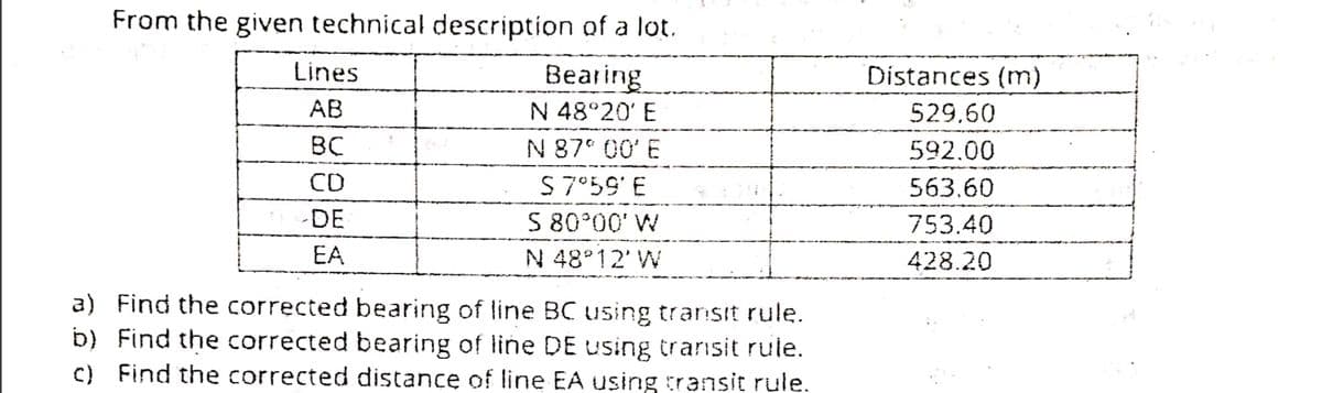 From the given technical description of a lot.
Lines
Bearing
N 48°20' E
Distances (m)
АВ
529.60
BC
N 87 00' E
592.00
CD
S 7°59' E
S 80°00' W
563,60
-DE
753.40
EA
N 48°12' W
428.20
a) Find the corrected bearing of line BC using transit rule.
b) Find the corrected bearing of line DE using trarisit rule.
c) Find the corrected distance of line EA using transit rule.
