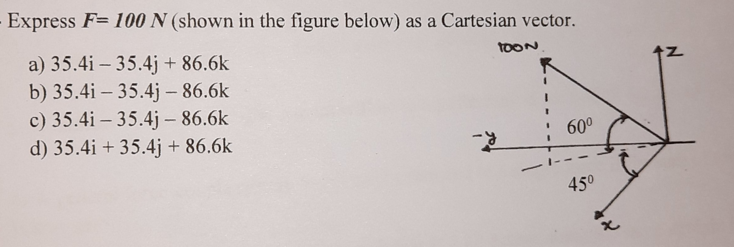 Express F= 100N (shown in the figure below)
as a Cartesian vector.
