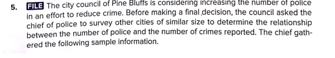 FILE The city council of Pine Bluffs is considering increasing the number of police
5.
in an effort to reduce crime. Before making a final decision, the council asked the
chief of police to survey other cities of similar size to determine the relationship
between the number of police and the number of crimes reported. The chief gath-
ered the following sample information.
