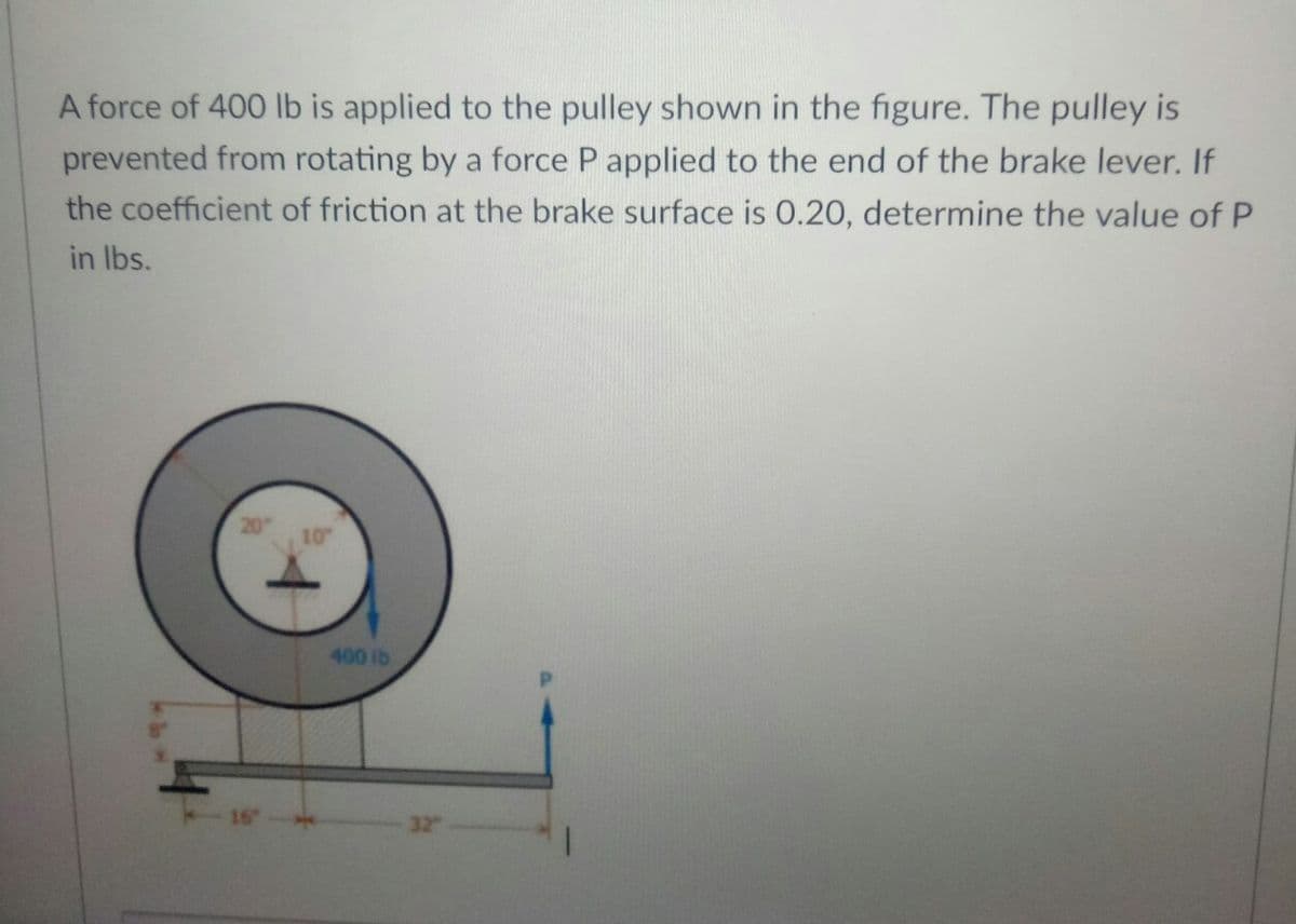 A force of 400 lb is applied to the pulley shown in the figure. The pulley is
prevented from rotating by a force P applied to the end of the brake lever. If
the coefficient of friction at the brake surface is 0.20, determine the value of P
in Ibs.
10
400 ib
16
