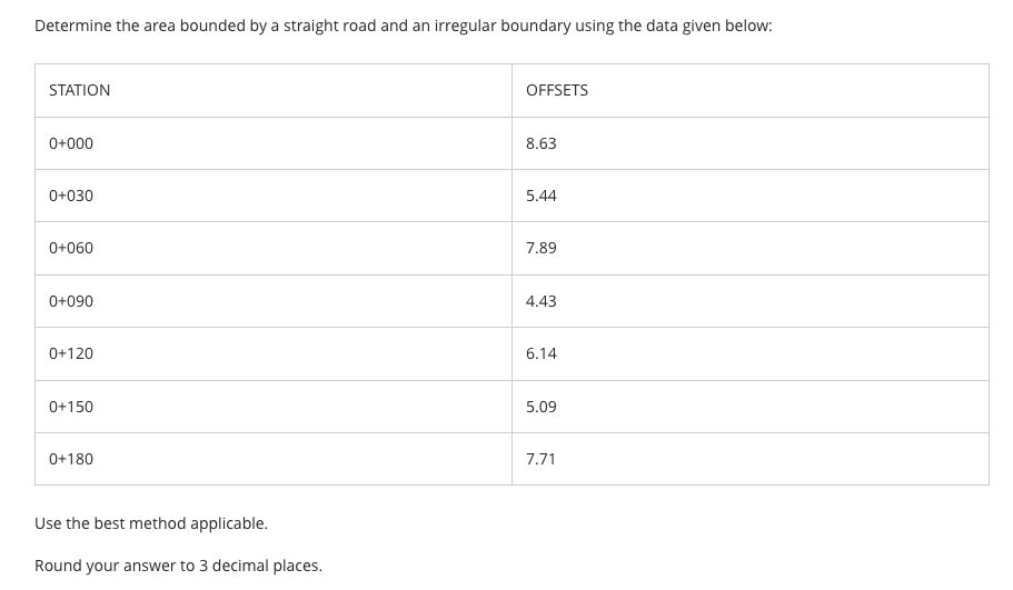 Determine the area bounded by a straight road and an irregular boundary using the data given below:
STATION
OFFSETS
0+000
8.63
0+030
5.44
0+060
7.89
0+090
4.43
0+120
6.14
0+150
5.09
0+180
7.71
Use the best method applicable.
Round your answer to 3 decimal places.
