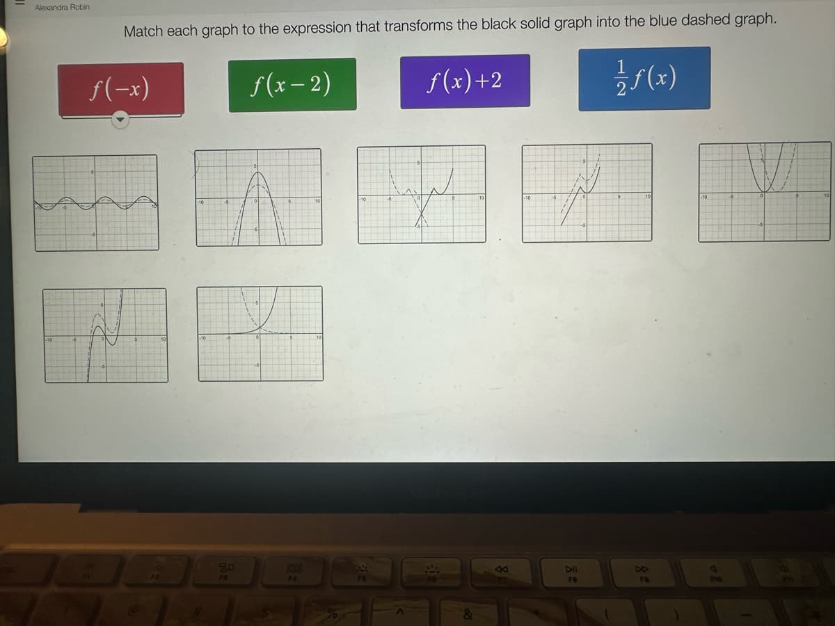 Alexandra Robin
Match each graph to the expression that transforms the black solid graph into the blue dashed graph.
f(-x)
f(x-2)
2008
F4
A
ƒ(x)+2
SA
&
DII
FB
1/2ƒ(x)
FB