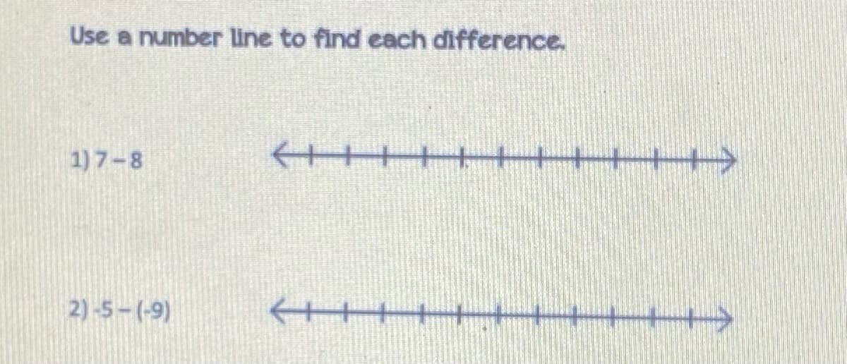 **Use a number line to find each difference.**

1) \(7 - 8\)

Number line: A horizontal line with arrows at both ends, marked with evenly spaced ticks representing integers. This diagram is used to visually represent subtraction by locating 7 on the number line and moving left by 8 units.

2) \(5 - (-9)\)

Number line: Similarly, this line includes evenly spaced ticks representing integers. In this case, the subtraction involves locating 5 and moving right by 9 units due to the subtraction of a negative number, which is equivalent to addition.