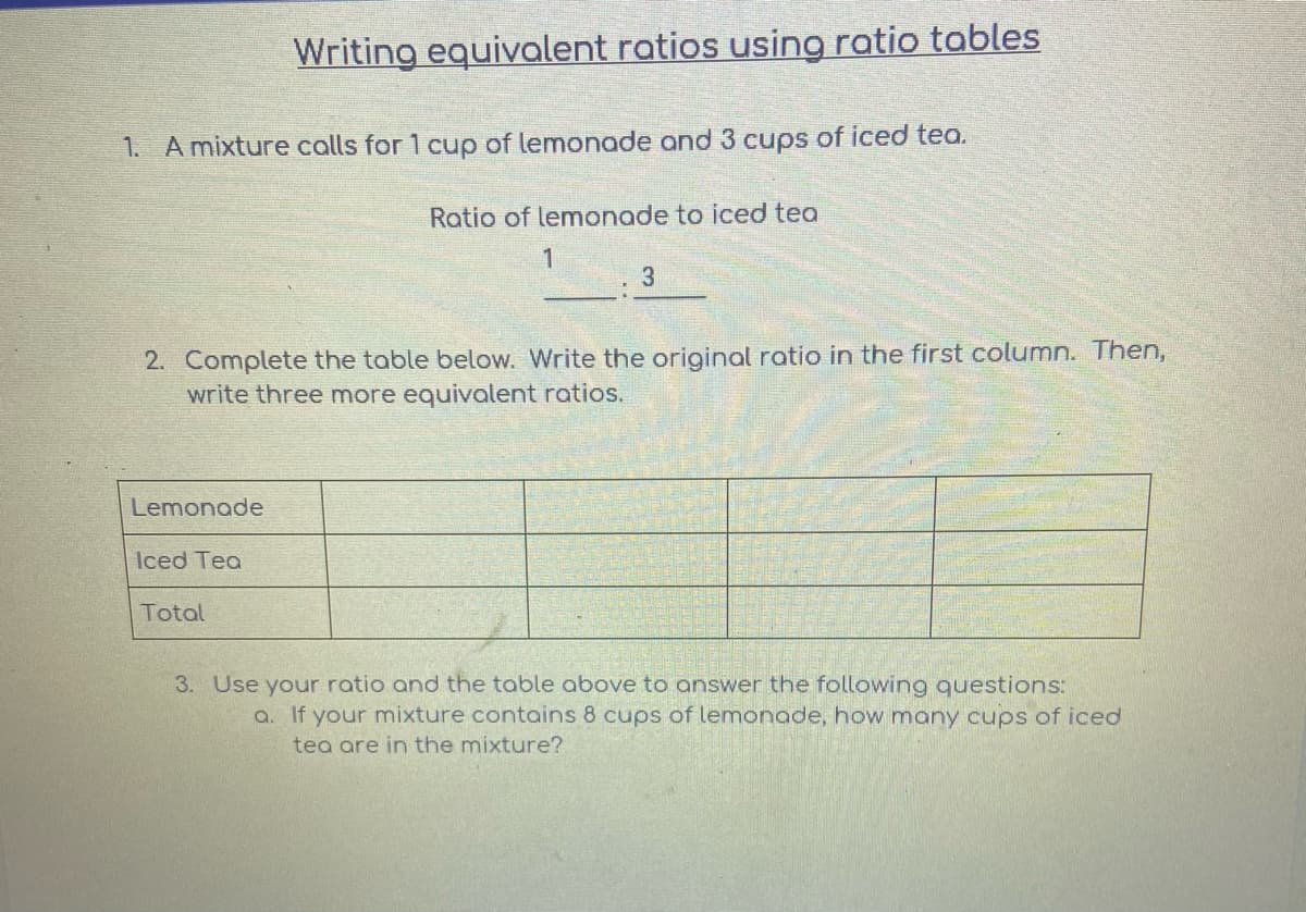 Writing equivoalent ratios using ratio tables
1. A mixture calls for 1 cup of lemonade and 3 cups of iced tea.
Ratio of lemonade to iced tea
3
2. Complete the table below. Write the original ratio in the first column. Then,
write three more equivalent ratios.
Lemonade
Iced Tea
Total
3. Use your ratio and the table above to answer the following questions:
a. If your mixture contains 8 cups of lemonade, how many cups of iced
tea are in the mixture?
