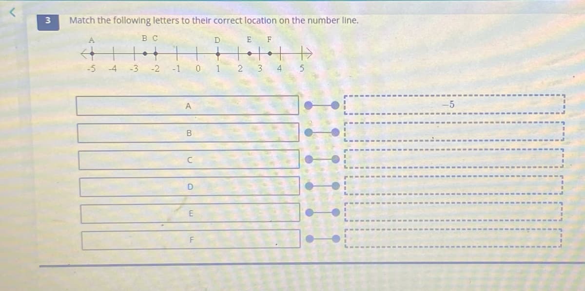 Match the following letters to their correct location on the number line.
в с
F
-5 -4
-3
-2
-1
1
3
4
-5
В
