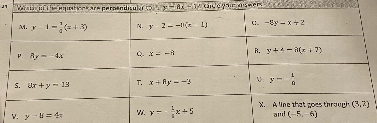 24
Which of the equations are perpendicular to y = 8x + 1? Circle your answers.
M. y − 1 = (x+3)
N. y-2=-8(x - 1)
P. 8y = -4x
S. 8x+y = 13
V. y-8=4x
Q. x = -8
T. x+8y=-3
W. y = -x + 5
O. -8y = x + 2
R. y + 4 = 8(x+7)
U. y = -¹/
X. A line that goes through (3,2)
and (-5,-6)