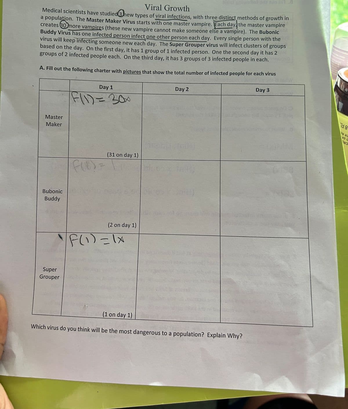 Viral Growth
Medical scientists have studied 3 new types of viral infections, with three distinct methods of growth in
a population. The Master Maker Virus starts with one master vampire. Each day, the master vampire
creates 30 more vampires (these new vampire cannot make someone else a vampire). The Bubonic
Buddy Virus has one infected person infect one other person each day. Every single person with the
virus will keep infecting someone new each day. The Super Grouper virus will infect clusters of groups
based on the day. On the first day, it has 1 group of 1 infected person. One the second day it has 2 que
groups of 2 infected people each. On the third day, it has 3 groups of 3 infected people in each.
A. Fill out the following charter with pictures that show the total number of infected people for each virus
Master
Maker
Bubonic
Buddy
Super
Grouper
Day 1
F(1) = 30x
f(x)
=
(31 on day 1)
(2 on day 1)
f(₁) = 1x
Day 2
(1 on day 1)
Which virus do you think will be the most dangerous to a population? Explain Why?
Day 3
teilw
738
૪ સર્ક
ds a
180