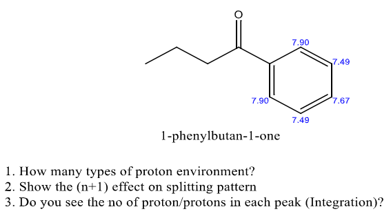 7.90
7.90
7.49
7.49
7.67
1-phenylbutan-1-one
1. How many types of proton environment?
2. Show the (n+1) effect on splitting pattern
3. Do you see the no of proton/protons in each peak (Integration)?