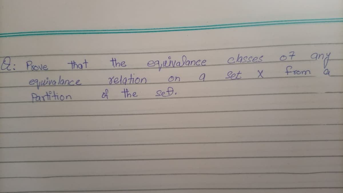 Q: Prove
equivalance
relation
sef.
07
from
that
the
ehsses
equeiva lance.
Partition
on
9.
Set
of the
