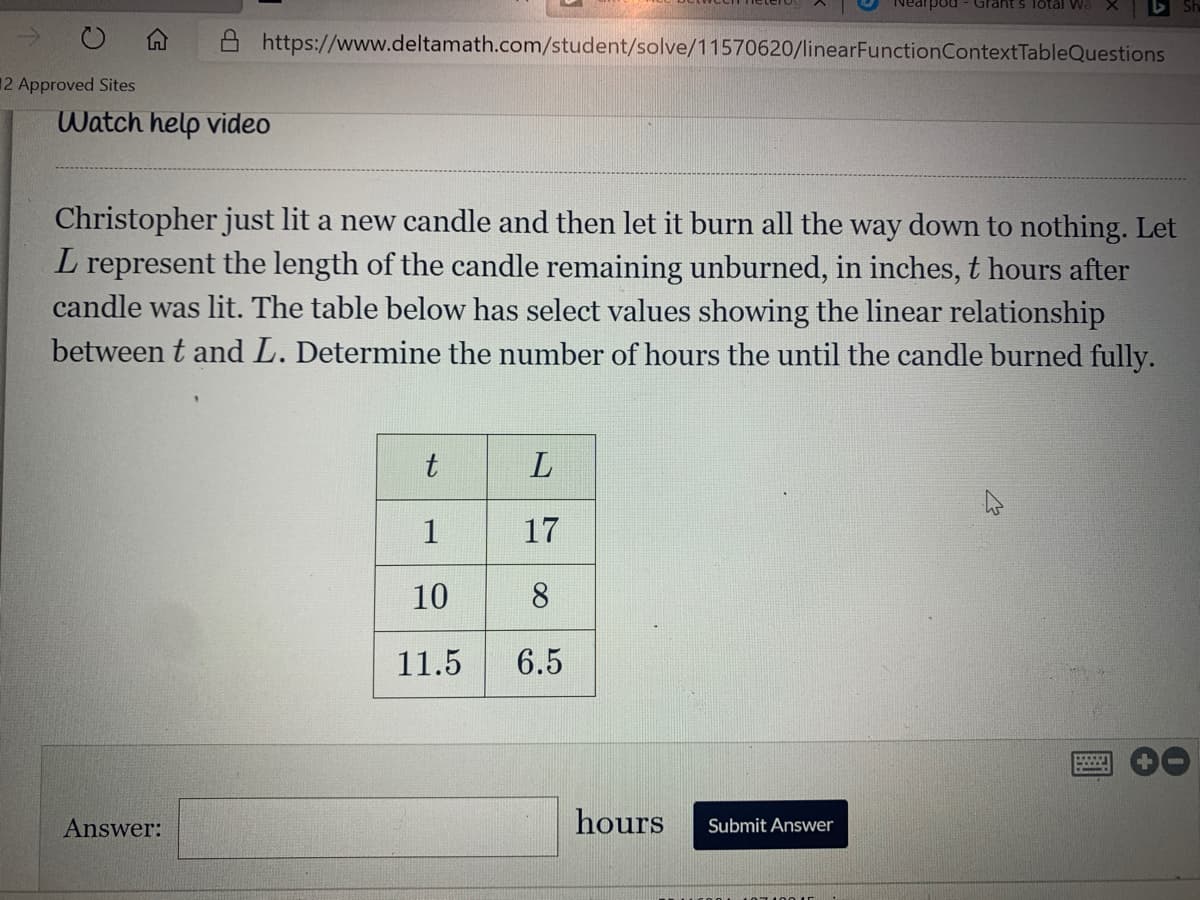 Christopher just lit a new candle and then let it burn all the way down to nothing. Let
L represent the length of the candle remaining unburned, in inches, t hours after
candle was lit. The table below has select values showing the linear relationship
between t and L. Determine the number of hours the until the candle burned fully.
1
17
10
8
11.5
6.5
to
