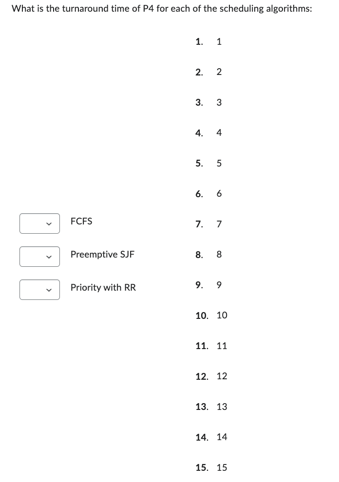 What is the turnaround time of P4 for each of the scheduling algorithms:
1. 1
2. 2
3. 3
4. 4
5. 5
6.
6
FCFS
7. 7
Preemptive SJF
8. 8
Priority with RR
9. 9
10. 10
11. 11
12. 12
13. 13
14. 14
15. 15