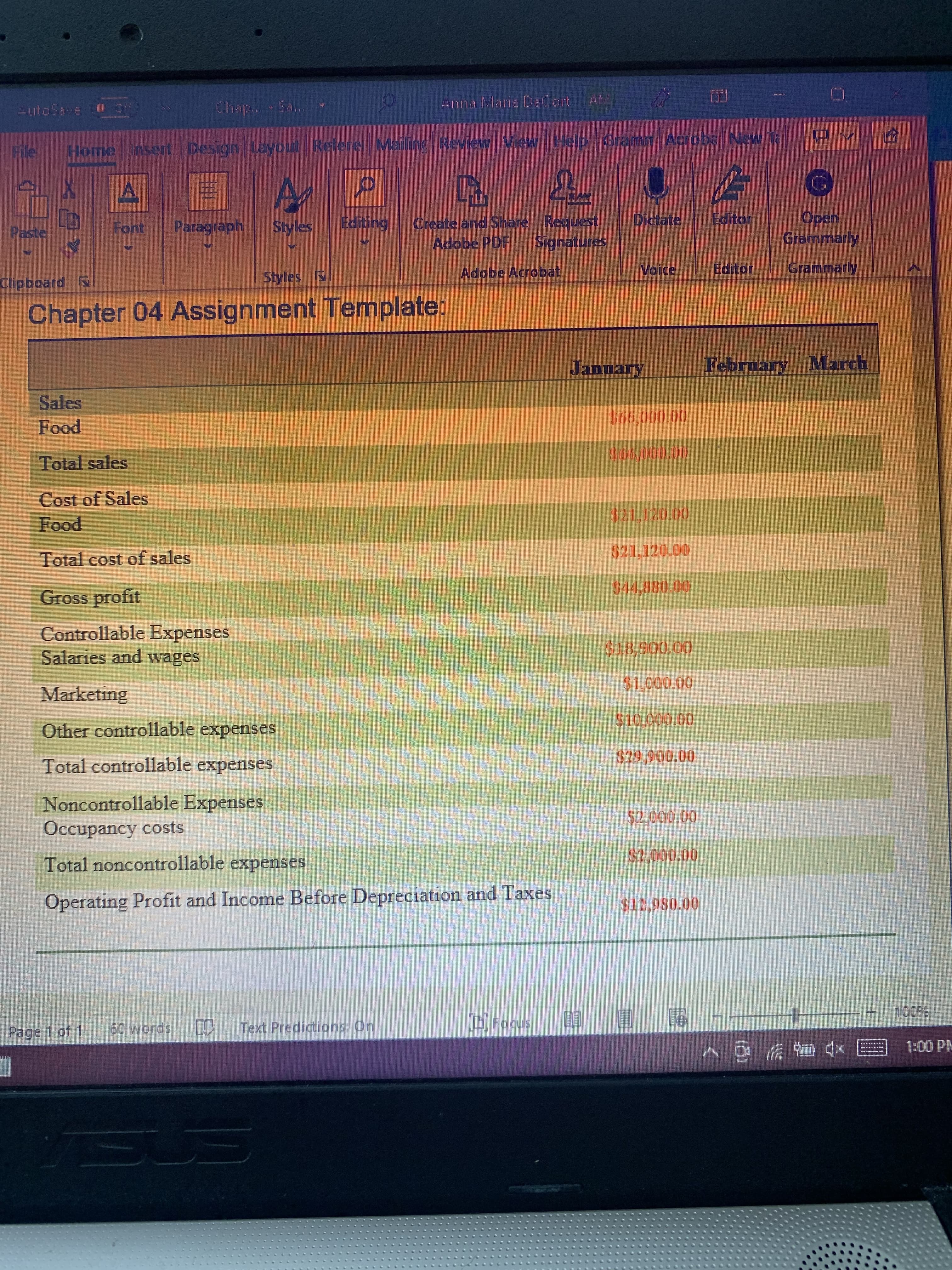 enna Maris DeCart
File
Insert Design Layout Retere Mailine Review View Llelp Gramm Acrobe New Ta
lasula
A.
pen
பிறயமவ்து
Paste
Font
Paragraph
Styles
Editing
Dictate,
Editor
Adobe PDF
Signatures
Clipboard N
Styles
Adobe Acrobat,
Voice
Chapter 04 Assignment Template:
February March
ராளார்ட்டு
Sales
pood
Total sales
Cost of Sales
pood
Total cost of sales
Gross profit
$44,380.00
Controllable Expenses
Salaries and wages
Marketing
Other controllable expenses
Total controllable expenses
Noncontrollable Expenses
Occupancy costs
Total noncontrollable expenses
Operating Profit and Income Before Depreciation and Taxes
60 words D Text Predictions: On.
ocus.
9600
Page 1 of 1.
1:00 PM
