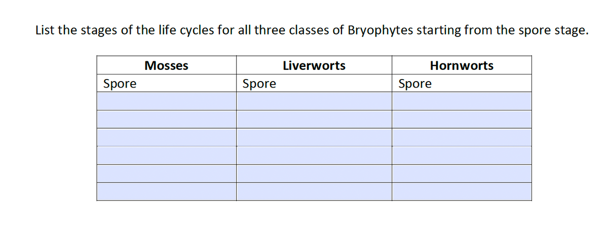List the stages of the life cycles for all three classes of Bryophytes starting from the spore stage.
Mosses
Spore
Liverworts
Spore
Hornworts
Spore