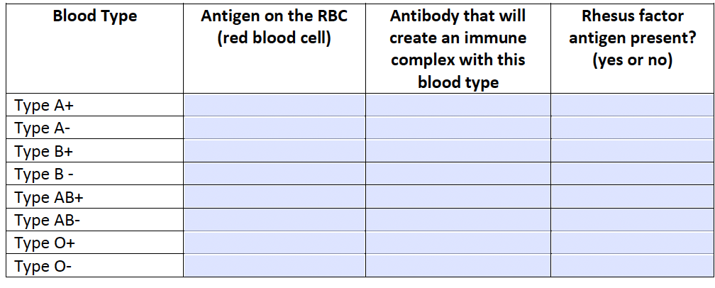 Blood Type
Type A+
Type A-
Type B+
Type B -
Type AB+
Туре АВ-
Type 0+
Type O-
Antigen on the RBC
(red blood cell)
Antibody that will
create an immune
complex with this
blood type
Rhesus factor
antigen present?
(yes or no)