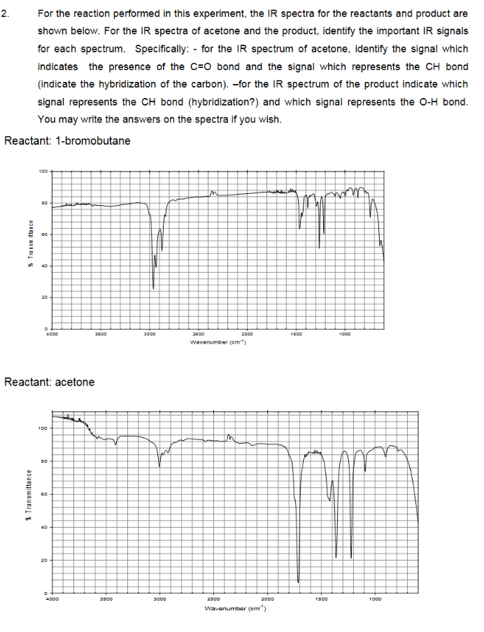 2.
For the reaction performed in this experiment, the IR spectra for the reactants and product are
shown below. For the IR spectra of acetone and the product, identify the important IR signals
for each spectrum. Specifically: - for the IR spectrum of acetone, identify the signal which
indicates the presence of the C=O bond and the signal which represents the CH bond
(indicate the hybridization of the carbon). -for the IR spectrum of the product indicate which
signal represents the CH bond (hybridization?) and which signal represents the O-H bond.
You may write the answers on the spectra if you wish.
Reactant: 1-bromobutane
% Trasm ittaice
100
% Transmittance
20
GO
40
20
0
4000
Reactant: acetone
100
DO
GO
40
20
3600
4000
3500
3000
IAN
3000
2500
M
wavenumber (cm)
2500
2000
n
2000
Wavenumber (cm³¹)
1500
VI
1500
1000
1000