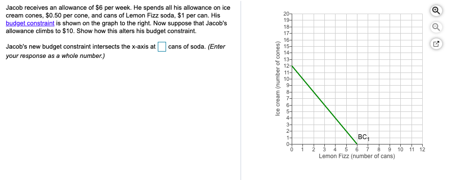 Jacob receives an allowance of $6 per week. He spends all his allowance on ice
cream cones, $0.50 per cone, and cans of Lemon Fizz soda, $1 per can. His
budget constraint is shown on the graph to the right. Now suppose that Jacob's
allowance climbs to $10. Show how this alters his budget constraint.
cans of soda. (Enter
Jacob's new budget constraint intersects the x-axis at
your response as a whole number.)
Ice cream (number of cones)
20-
19-
18-
17-
16-
15-
14-
13-
12-
11-
10-
9-
8-
7-
6-
5-
4-
3-
2-
1-
0-
0
T
1
2
BC.
5 6 7 8 9 10 11 12
Lemon Fizz (number of cans)
Q
Q