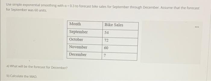 Use simple exponential smoothing with a = 0.3 to forecast bike sales for September through December. Assume that the forecast
for September was 60 units.
a) What will be the forecast for December?
b) Calculate the MAD.
Month
September
October
November
December
Bike Sales
54
72
60
?
www