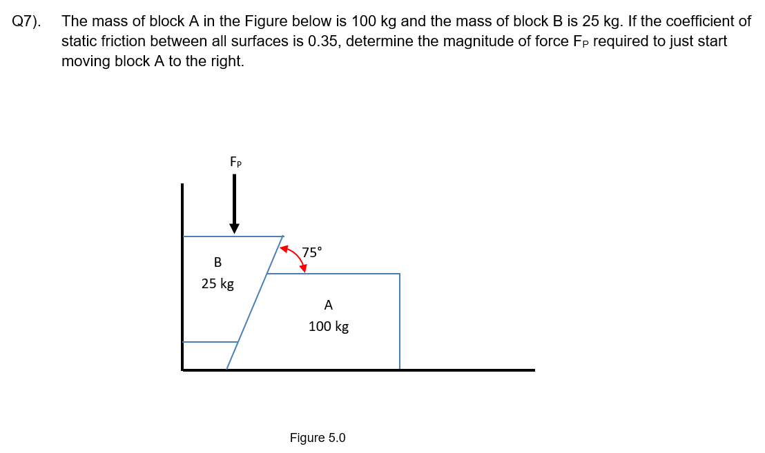 Q7).
The mass of block A in the Figure below is 100 kg and the mass of block B is 25 kg. If the coefficient of
static friction between all surfaces is 0.35, determine the magnitude of force FP required to just start
moving block A to the right.
Fp
B
25 kg
75°
A
100 kg
Figure 5.0