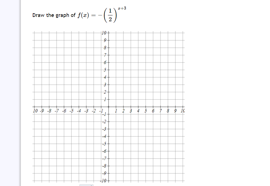 Draw the graph of f(x)
=
z+3
-(+)***
2
+10+
9
8 +
7+
6+
5
4
3
N W
2
1
10 -9 -8 -7 -6 -5 -4 -3 -2 -1
-1
-2-
é N
-3
-4
-5
-6-
64 %
-7
-8
-9-
-10+
1 2 3 4 5 6 7 8 9 10