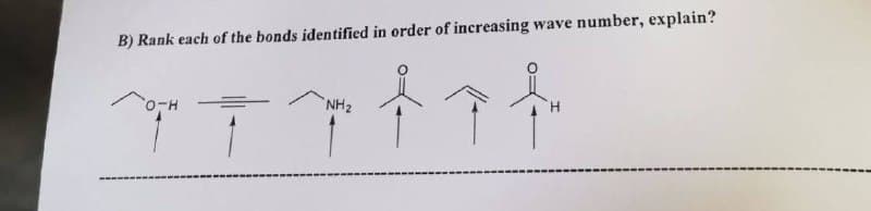 B) Rank each of the bonds identified in order of increasing wave number, explain?
NH₂
TTTtit
O-H