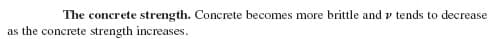 The concrete strength. Concrete becomes more brittle and v tends to decrease
as the concrete strength increases.
