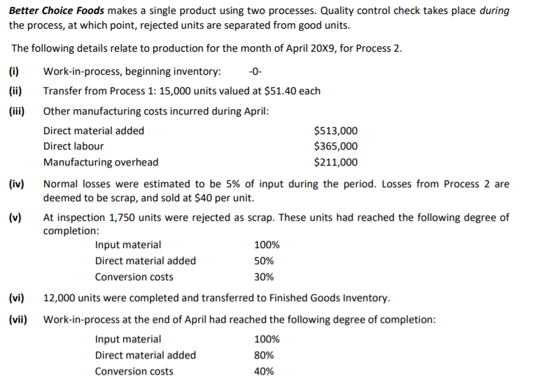 Better Choice Foods makes a single product using two processes. Quality control check takes place during
the process, at which point, rejected units are separated from good units.
The following details relate to production for the month of April 20X9, for Process 2.
(i)
Work-in-process, beginning inventory:
-0-
(ii)
Transfer from Process 1: 15,000 units valued at $51.40 each
(iii)
Other manufacturing costs incurred during April:
Direct material added
$513,000
Direct labour
$365,000
Manufacturing overhead
$211,000
(iv)
Normal losses were estimated to be 5% of input during the period. Losses from Process 2 are
deemed to be scrap, and sold at $40 per unit.
(v)
At inspection 1,750 units were rejected as scrap. These units had reached the following degree of
completion:
Input material
100%
Direct material added
50%
Conversion costs
30%
(vi)
12,000 units were completed and transferred to Finished Goods Inventory.
(vii) Work-in-process at the end of April had reached the following degree of completion:
Input material
100%
Direct material added
80%
Conversion costs
40%
