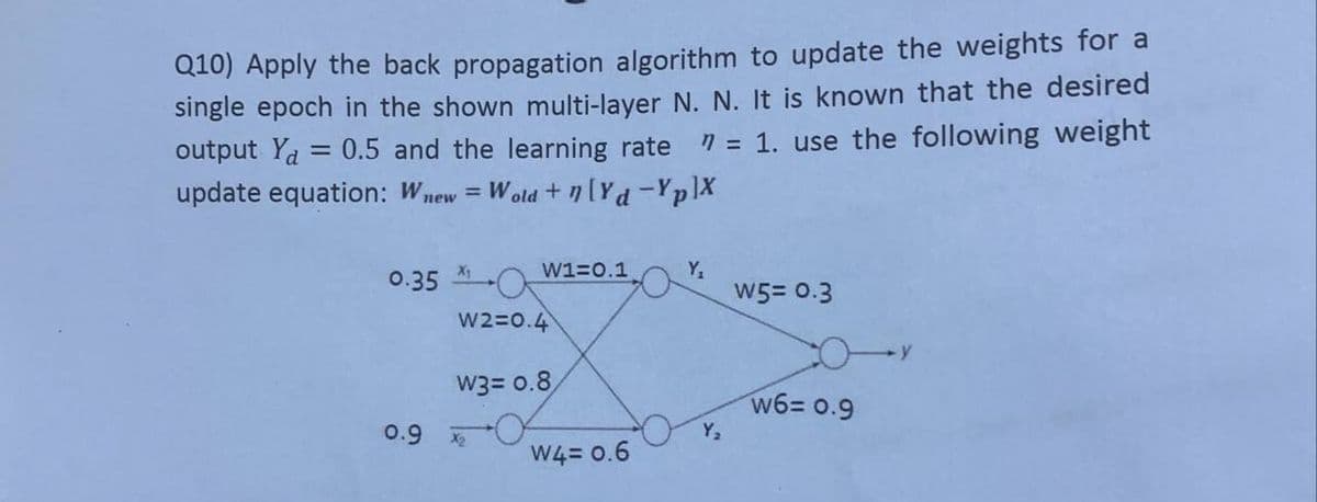 Q10) Apply the back propagation algorithm to update the weights for a
single epoch in the shown multi-layer N. N. It is known that the desired
output Ya = 0.5 and the learning rate n = 1. use the following weight
update equation: Wnew = Wold+n[Yd-Yp]X
0.35
0.9
X₁
W1=0.1
W2=0.4
W3 = 0.8
X₂
W4= 0.6
Y₁
Y₂
W5= 0.3
w6= 0.9