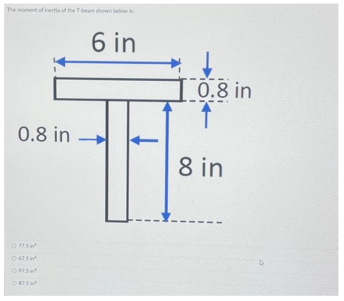 The moment of inertia of the T-beam shown below is:
0.8 in
O 77.5 in
O 67.5 in
97.5 in
87.5 in
6 in
↓
10.8 in
8 in
4