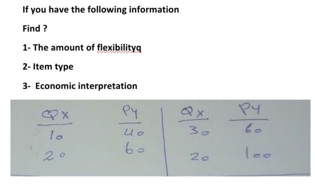 If you have the following information
Find ?
1- The amount of flexibilityq
2- Item type
3- Economic interpretation
Py
QX
P4
30
60
10
60
l00
20
20
