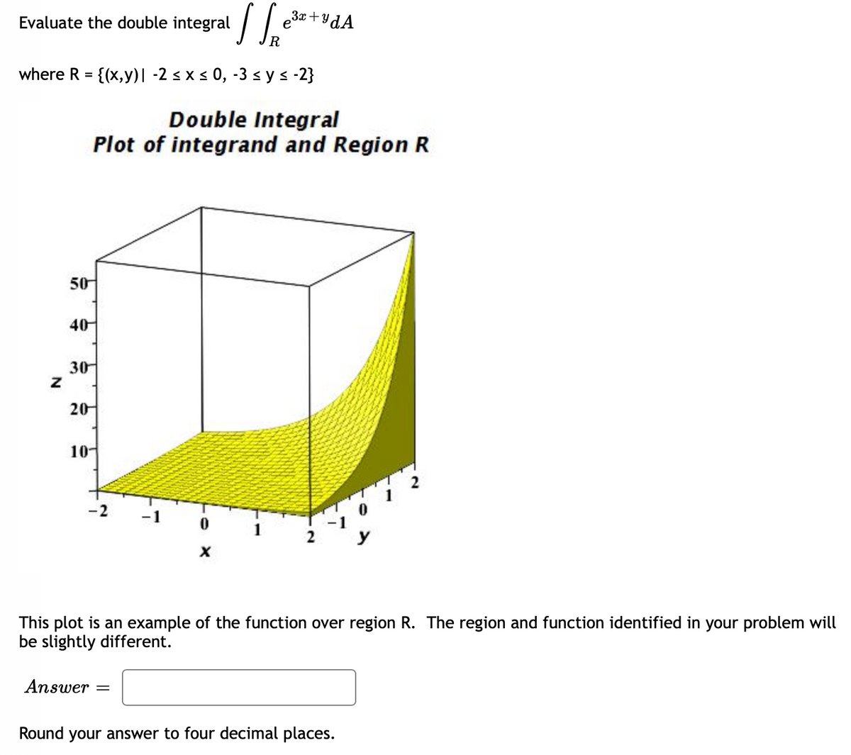 11, ³²
where R = {(x,y)| -2 ≤ x ≤ 0, -3 ≤ y ≤ -2}
Evaluate the double integral
Z
50
40
30
20
Double Integral
Plot of integrand and Region R
10-
-2
-7
Answer =
X
3x+ydA
1
This plot is an example of the function over region R. The region and function identified in your problem will
be slightly different.
Round your answer to four decimal places.