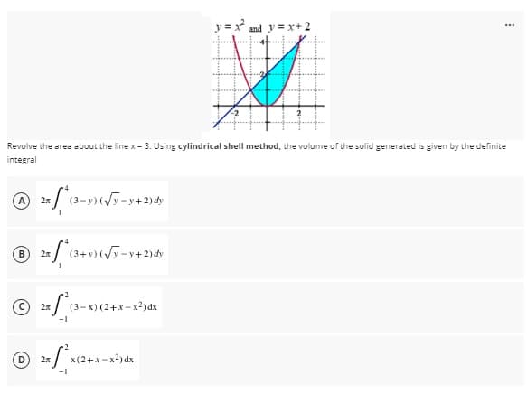 y =x and y = x+ 2
Revolve the area about the line x = 3. Using cylindrical shell method, the volume of the solid generated is given by the definite
integral
A
2x
-y+2)dy
® 2*/ (3+) (5-y+2)dy
B
(3-x) (2+x-x2) dx
2x
-1
x(2+x-x2) dx
-1
