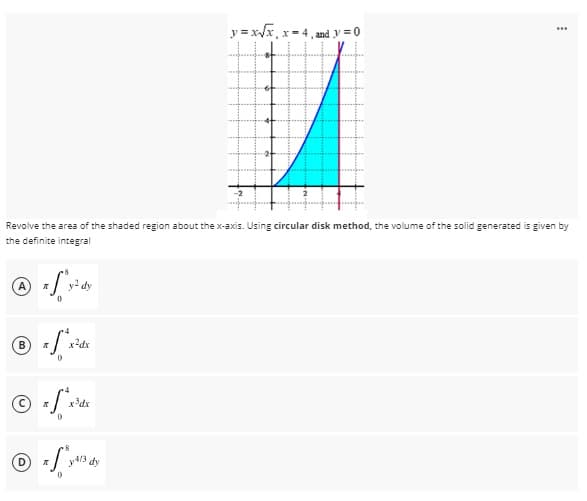 y = xx, x-4, and y = 0
Revolve the area of the shaded region about the x-axis. Using circular disk method, the volume of the solid generated is given by
the definite integral
y dy
В
x?dx
x³dx
dy
