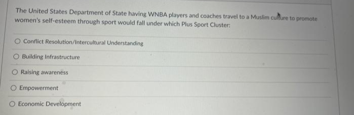 The United States Department of State having WNBA players and coaches travel to a Muslim culture to promote
women's self-esteem through sport would fall under which Plus Sport Cluster:
O Conflict Resolution/Intercultural Understanding
Building Infrastructure
Raising awareness
Empowerment
Economic Development