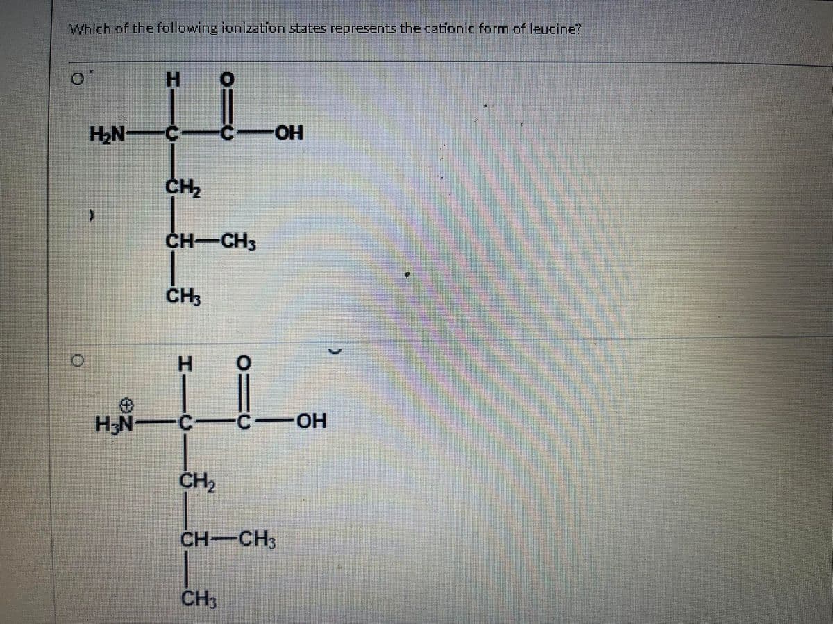 Which of the following ionization states represents the cationic form of leucine?
H₂N-
H₂N
H
C
CH₂
CH-CH3
CH3
I—C
H
CH₂
ƒ_________
C―OH
C—C—OH
0
CH₂
CH-CH3