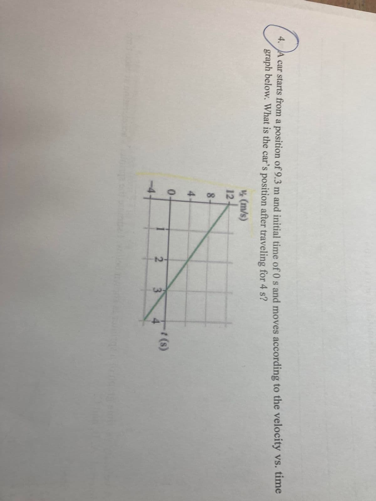 O
4. A car starts from a position of 9.3 m and initial time of 0 s and moves according to the velocity vs. time
graph below. What is the car's position after traveling for 4 s?
(m/s)
12
8
4
0
-4
2
3
4
* (s)