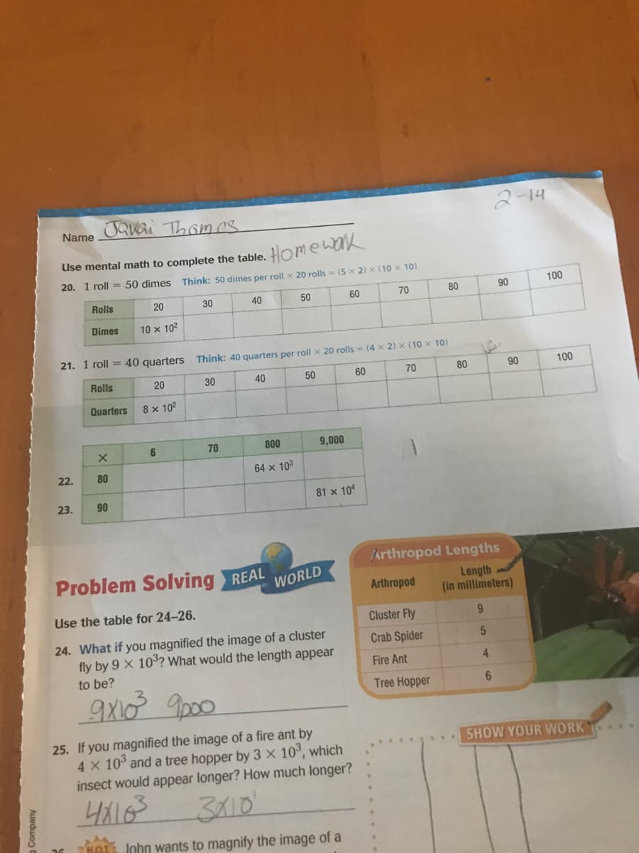 Use mental math to complete the table. HO
20. 1 roll = 50 dimes Think: 50 dimes per roll x 20 rolls- (5 x 2) x (10 x 10)
Rolls
30
40
70
80
90
100
20
50
60
Dimes
10 x 102
/10
10)
