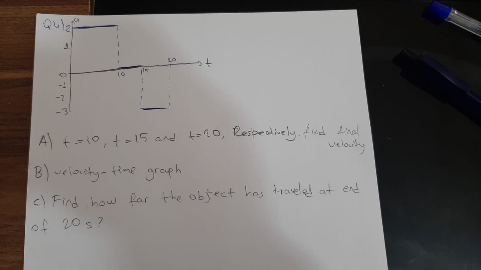 Quief
20
(15
10
-2
-3
A) t=10,t=15 and t=20, Respectively, Lind tinal
velauty
B) velounty-time graph
c) Find ,how far the object has traveled at end
¿ s oz to
