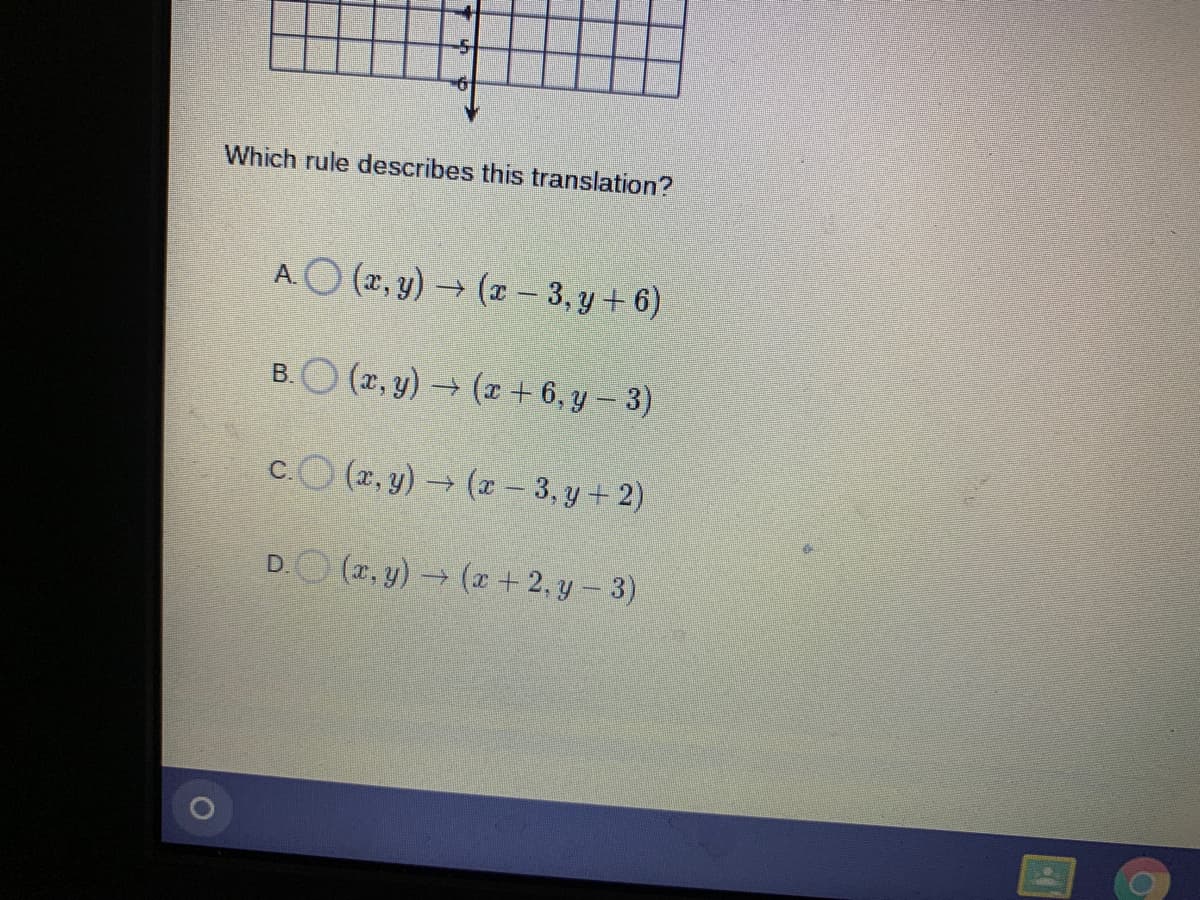 Which rule describes this translation?
AO (2, y) (2- 3, y + 6)
B.O (2, y) (z + 6, y - 3)
c.O (2, y) (z - 3, y + 2)
D.O (7, y)(x + 2, y – 3)
